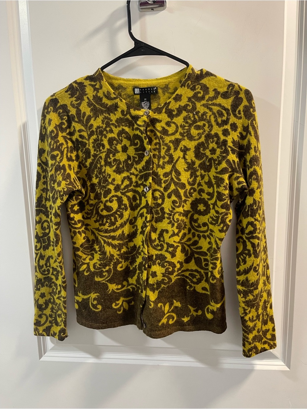 Carole Little Yellow and Brown Floral Button-Front Cardigan Lambs Wool